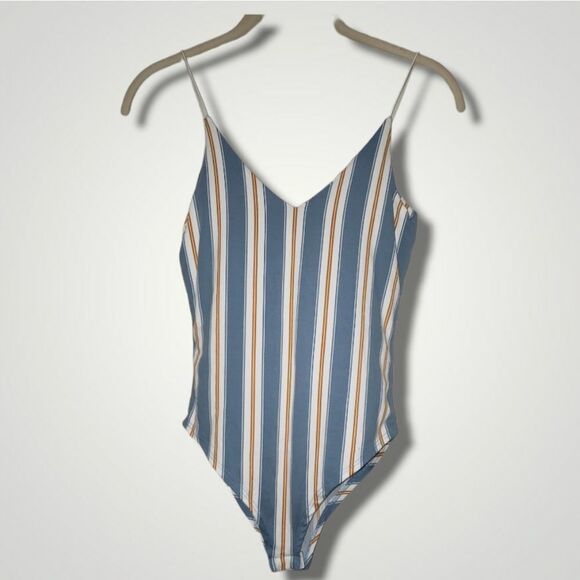 Gaze Women's Spaghetti Strap Snap Blue Vertical Stripe Bodysuit Size XS - Picture 3 of 8